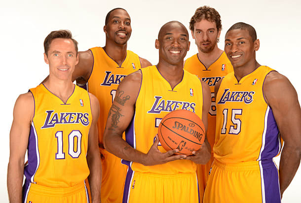 Steve Nash, Dwight Howard, Kobe Bryant, Gasol and Metta World Peace pose during the Lakers 2012 Media Day. (Andrew D. Bernstein/NBAE via Getty Images)